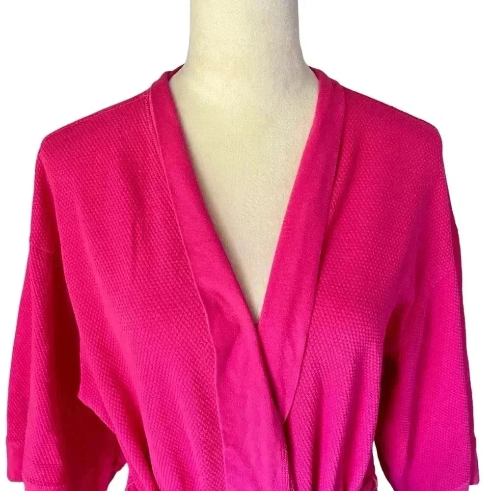 Natori Women Size L Bath Robe Textured Knit Hot Pink Belted Cotton Blend Pockets